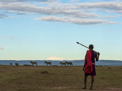 A Maasai guide standing on the open plains